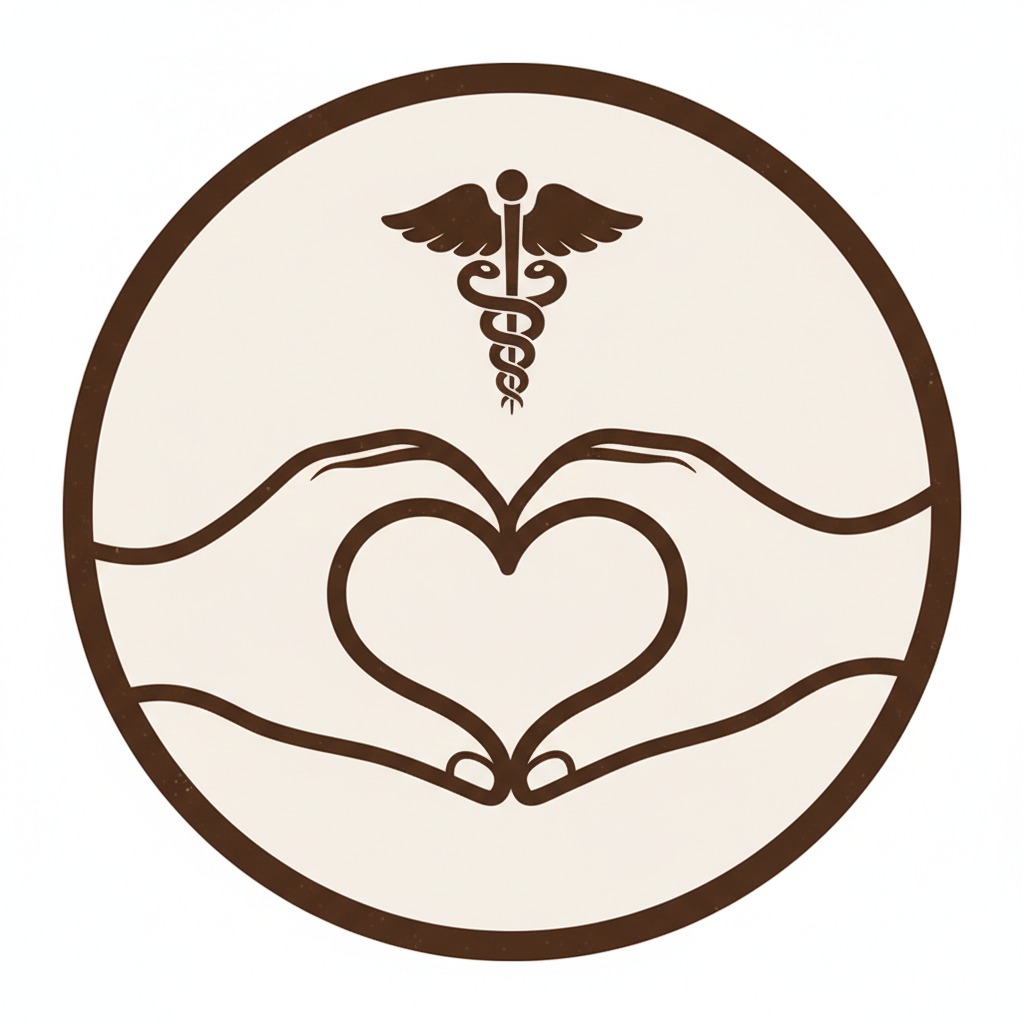 Un logotipo circular en tonos marrones que muestra un par de manos formando un corazón con un caduceo médico arriba.