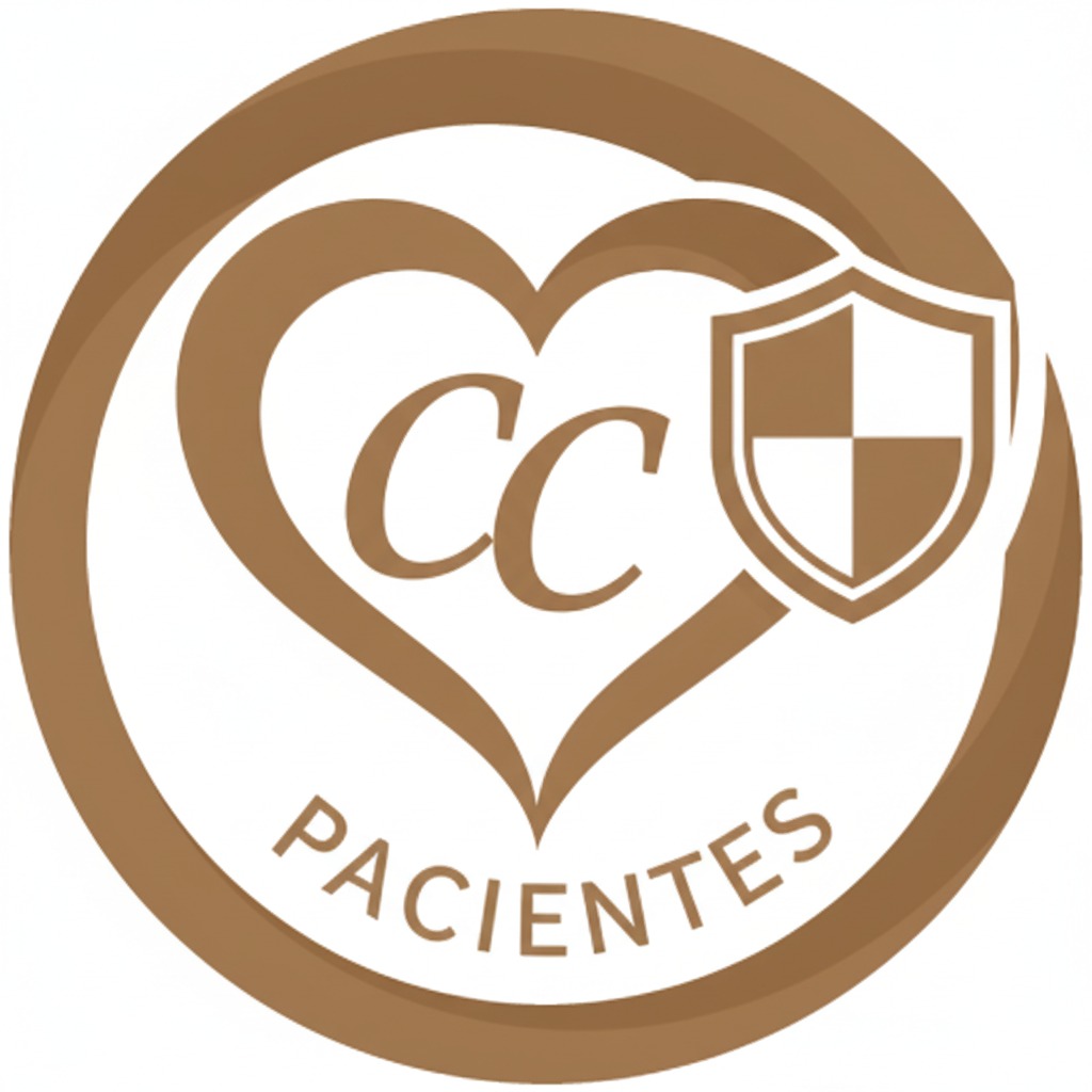 Logotipo circular en tonos cafés que presenta un corazón con las letras CC y un escudo, acompañado de la palabra PACIENTES.